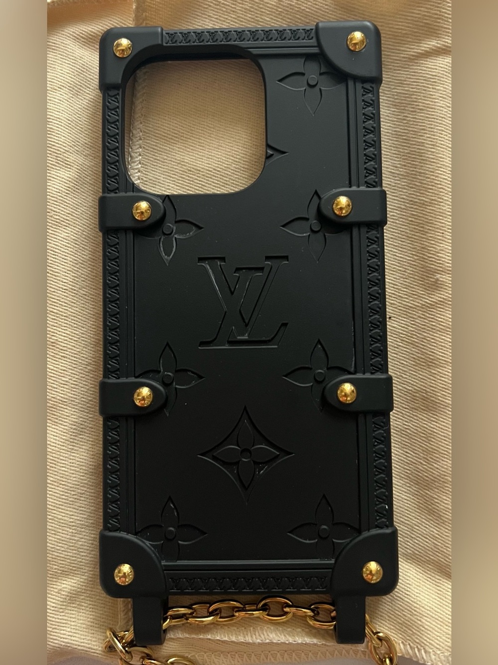 Louis Vuitton Black Monogram Trunk-Style iPhone Case with Gold Accents